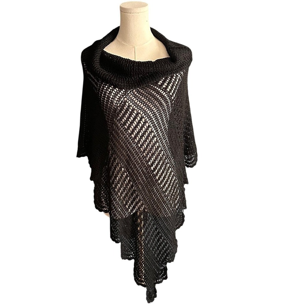 Vintage Black Crochet Open Knit Asymmetrical Poncho Wrap Scalloped Cowl Neck